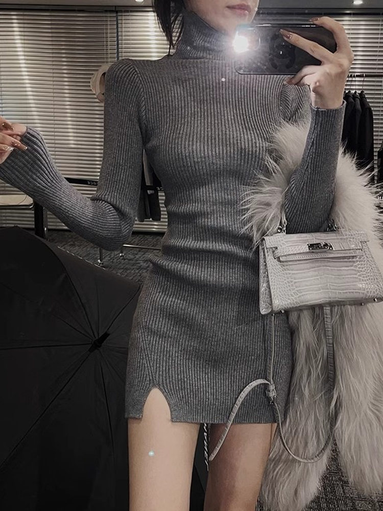 Bodycon Long Sleeve Ribbed Dress - Gaun Mini Bodycon Wanita Rajutan Turtleneck