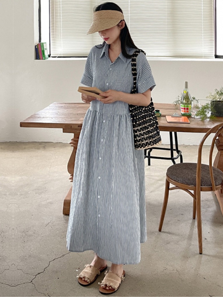 Casual Loose Linen Shirt Dress - Gaun Kemeja Bergaris Gaya Korea Retro