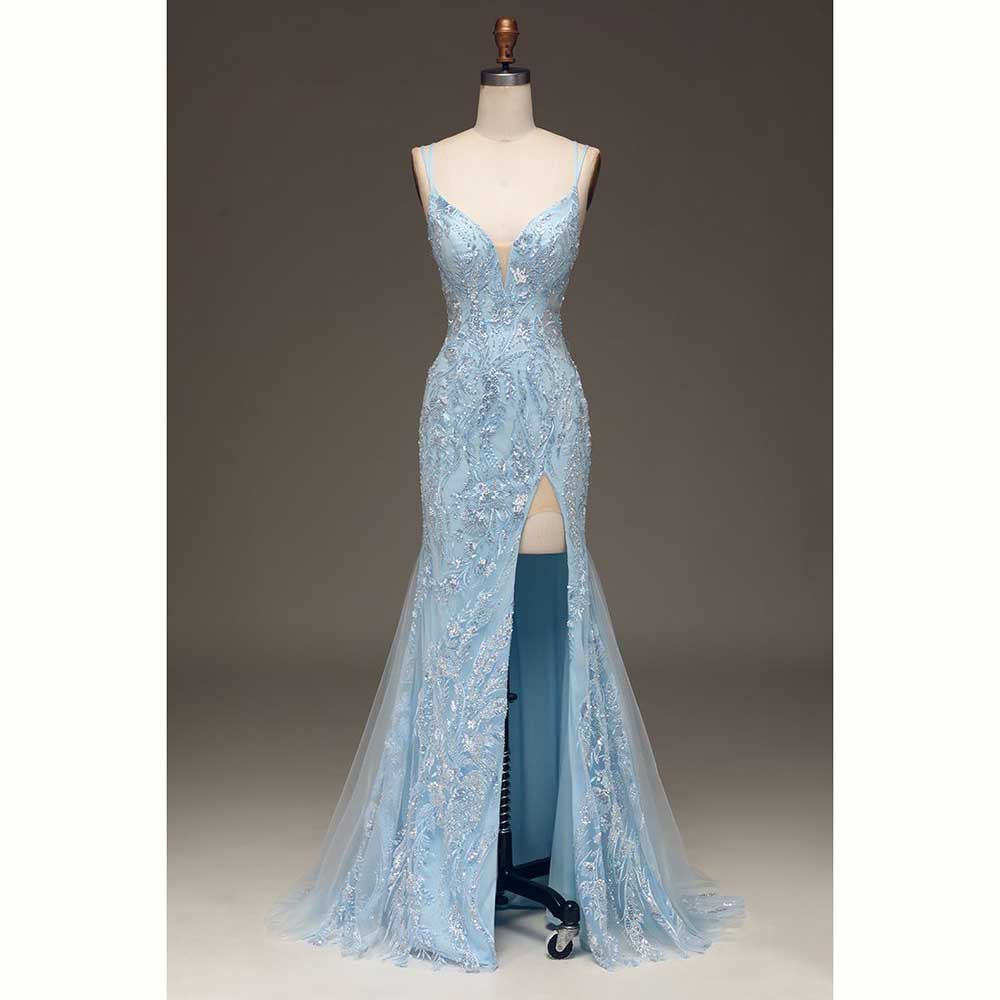 Elegant Satin Evening Gown Split - Gaun Pesta Malam Wanita Satin Biru