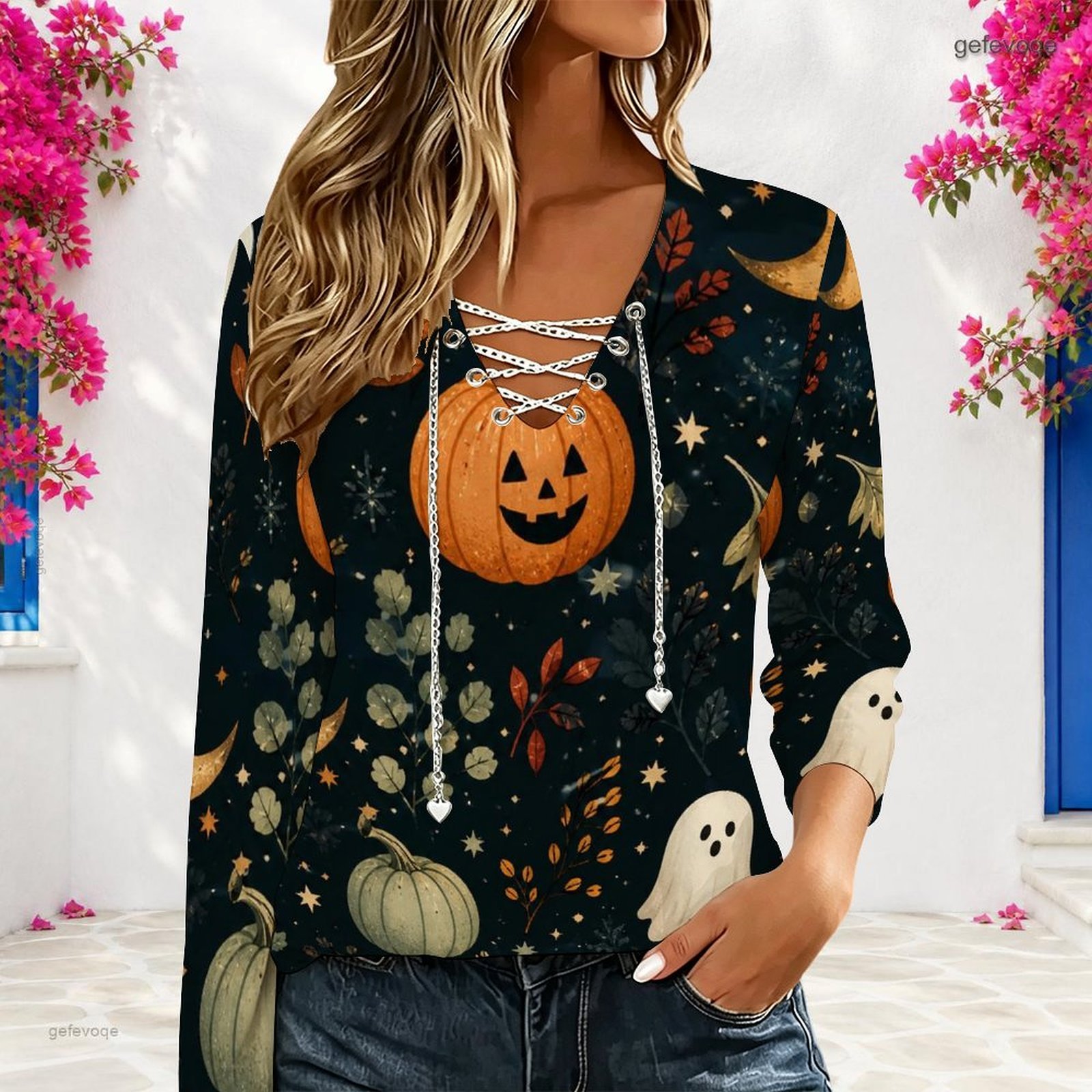 Blouses - Atasan Wanita V-Neck Lengan Panjang dengan