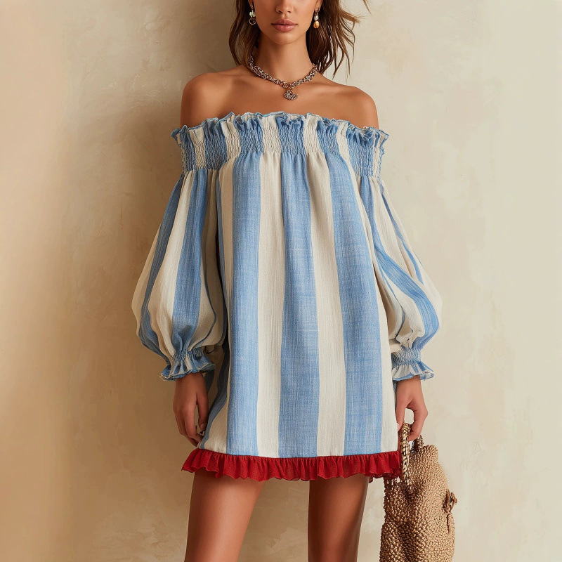 Off Shoulder Puff Sleeve Sundress - Gaun Wanita Off-the-Shoulder 2026, Biru Beige