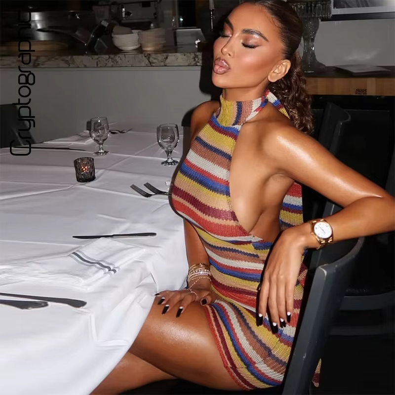 Y2K Backless Halter Mini Dress - Gaun Mini Halter Rajut Bergaris Warna-warni