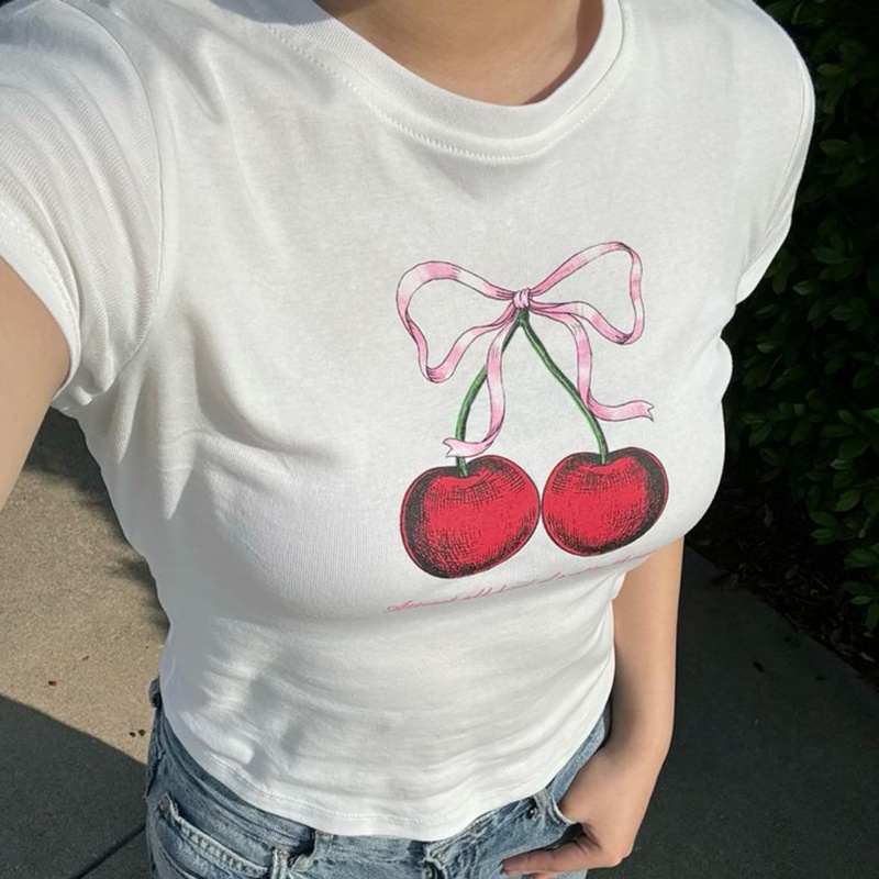 Y2K Graphic Baby Tee Crop - Atasan Crop Y2k Wanita Pakaian Musim