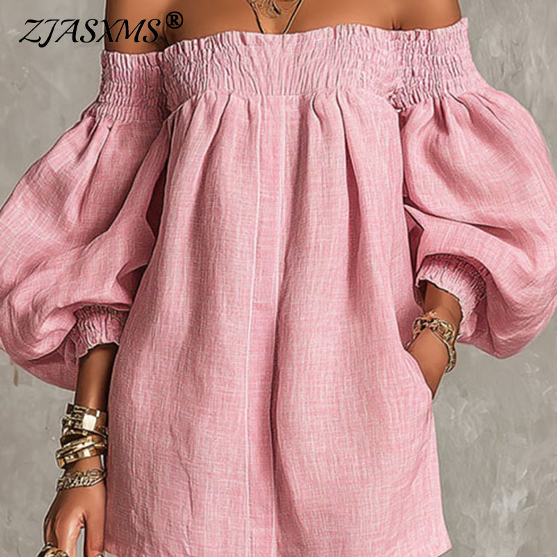 Off Shoulder Puff Sleeve Sundress - Gaun Wanita Polos Tanpa Tali Bahu