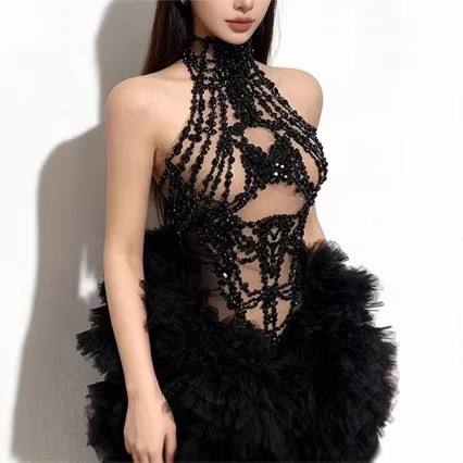 Sparkly Rhinestone Club Party Dress - Gaun Mini Wanita Berkilau Berhias Berlian