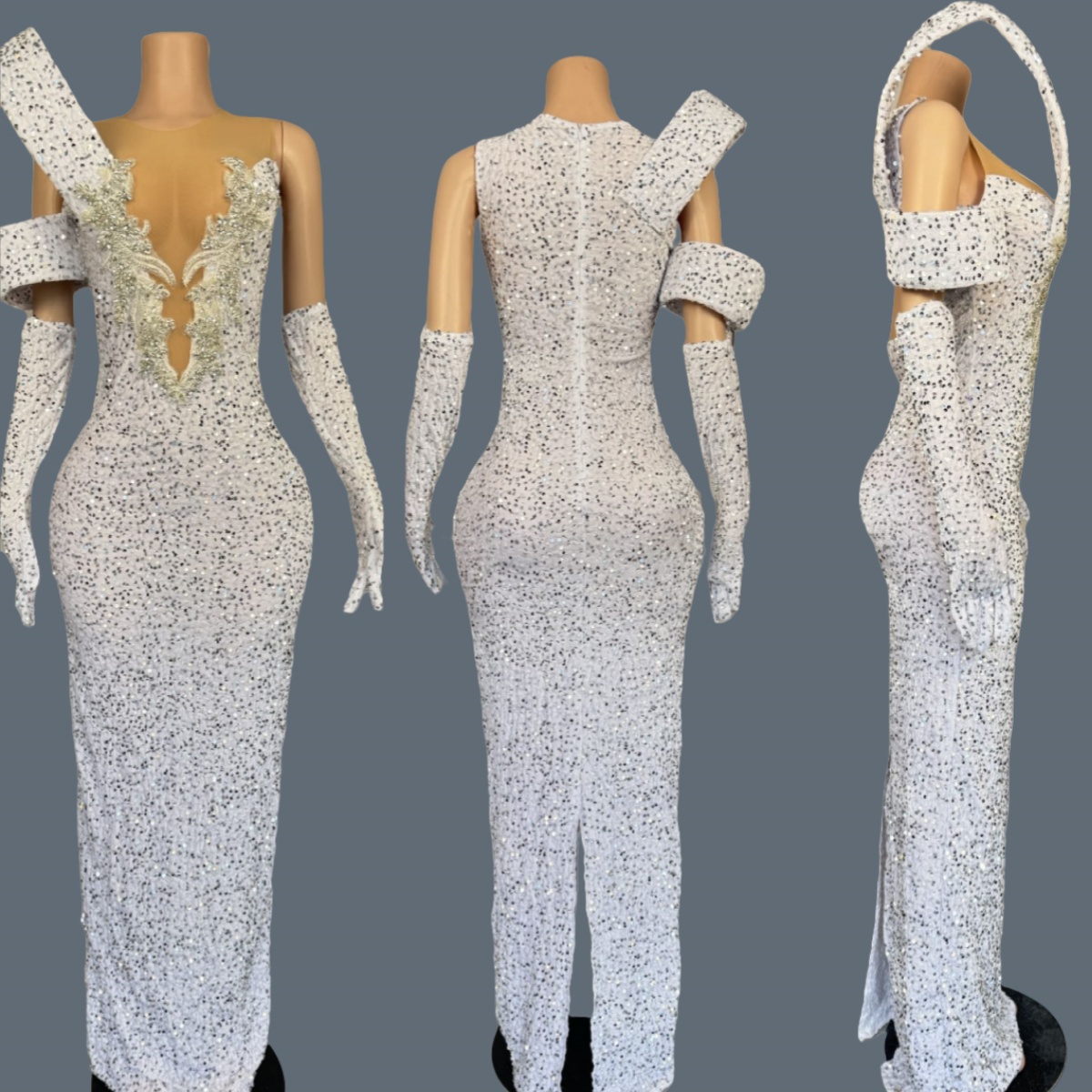 Sparkly Rhinestone Club Party Dress - Gaun Panjang Leher V Dalam Berlian