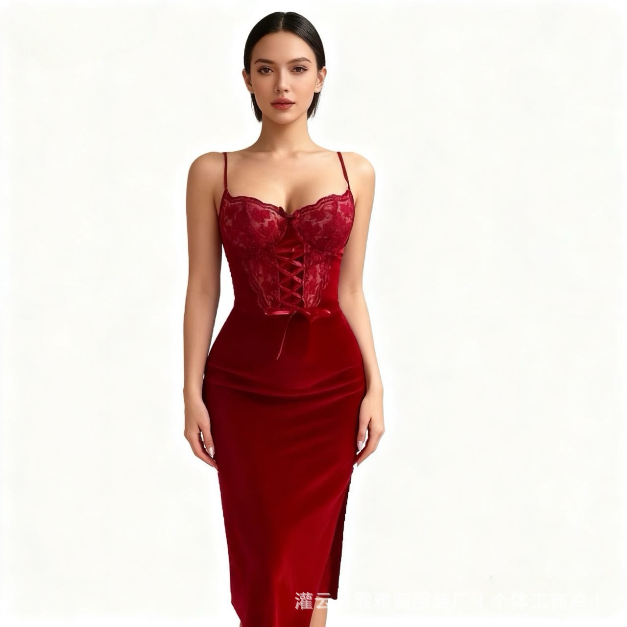 Sexy Mesh Sheer Bodycon Dress - Gaun Midi Korset Berenda Warna Solid,