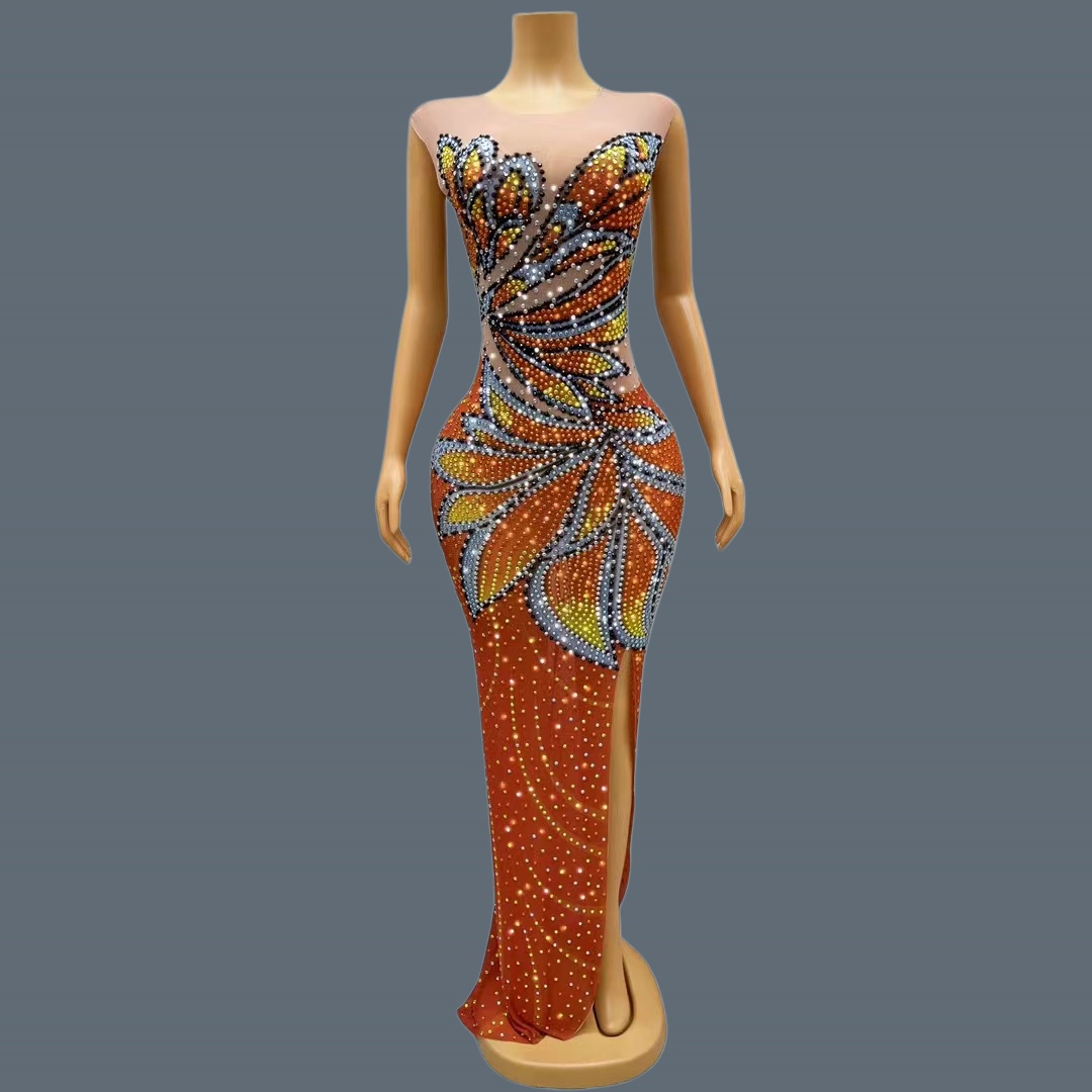 Sparkly Rhinestone Club Party Dress - Gaun Maxi Tanpa Lengan Wanita Berbahan