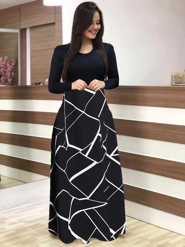 French Vintage Floral Midi Dress - Gaun Hitam Putih Elegan dengan Cetakan