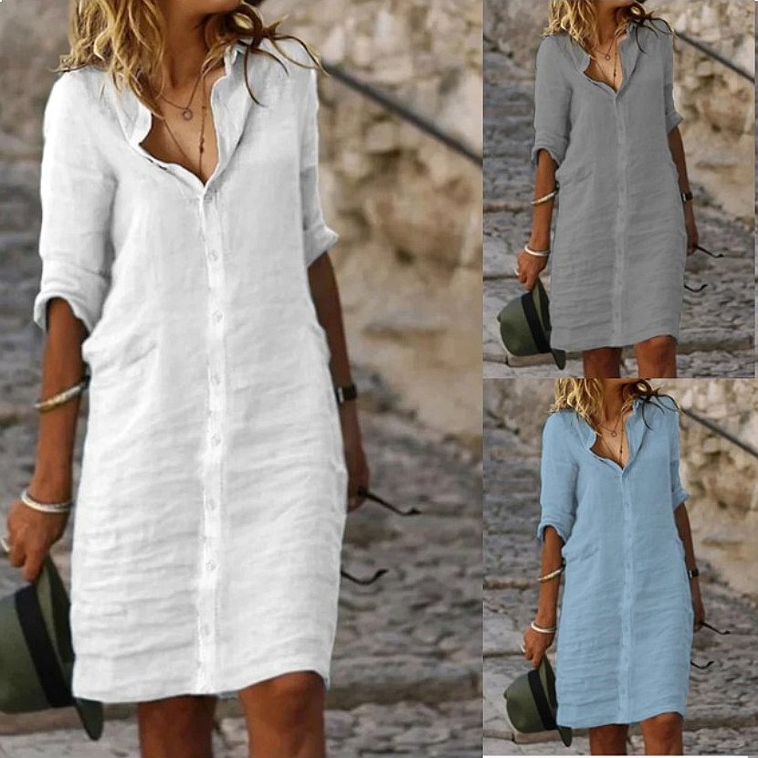 Casual Loose Linen Shirt Dress - Gaun Kemeja Midi Longgar Berbahan Katun