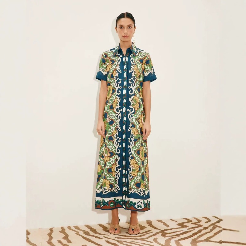 Casual Loose Linen Shirt Dress - Gaun Kemeja Maxi Wanita Motif Bunga