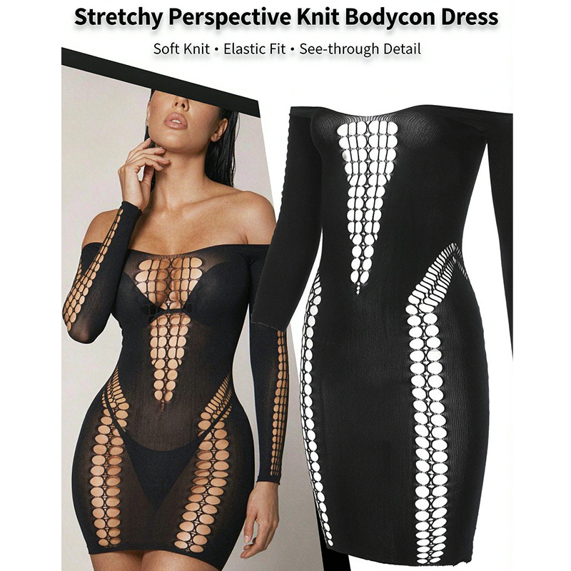 Sexy Mesh Sheer Bodycon Dress - Gaun Pantai Wanita Lengan Panjang Bahan