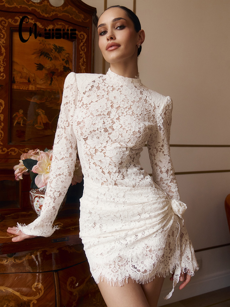 Sexy Mesh Sheer Bodycon Dress - CNYISHE Gaun Wanita Lengan Panjang Transparan