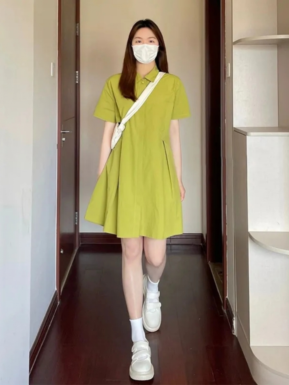 Korean Style A Line Shirt Dress - Gaun lengan pendek model kasual untuk