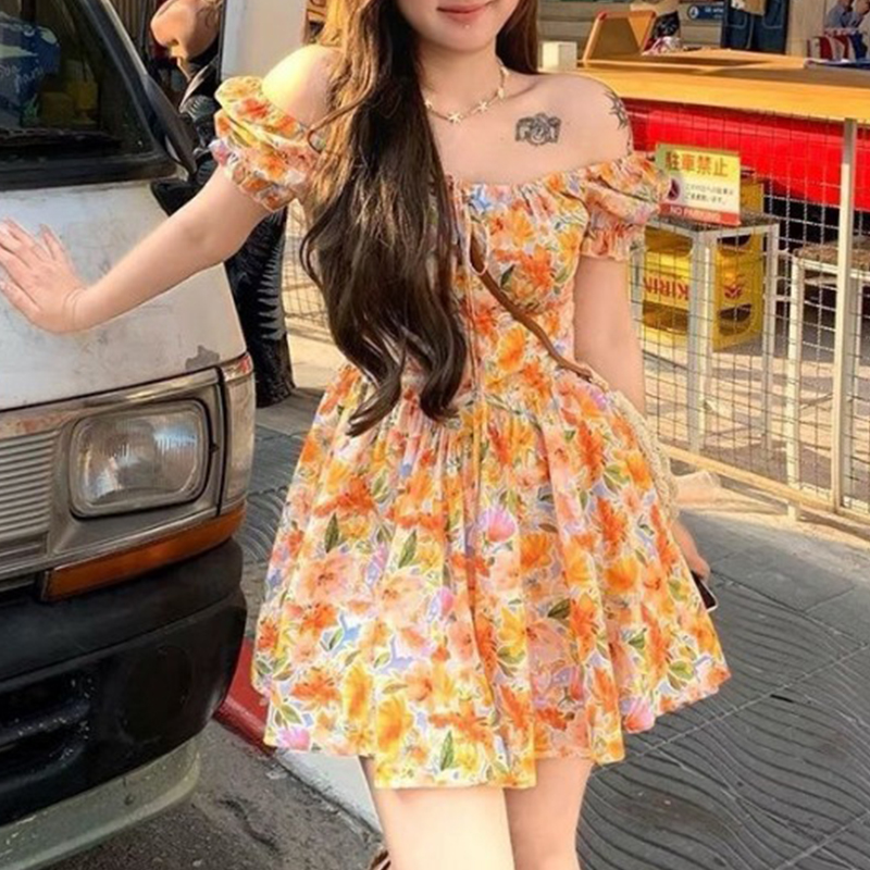Off Shoulder Puff Sleeve Sundress - Gaun mini wanita warna oranye dengan