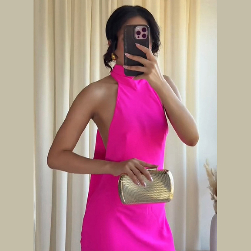 Elegant Satin Evening Gown Split - Gaun Maxi Satin Halter Wanita Tanpa