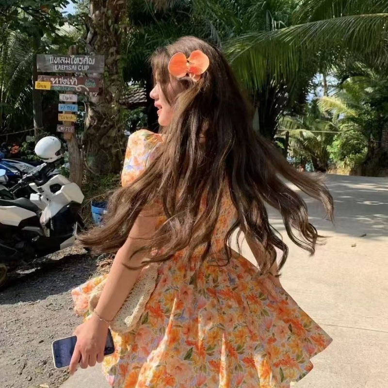 Off Shoulder Puff Sleeve Sundress - Gaun Mini Cetak Bunga Oranye Baru