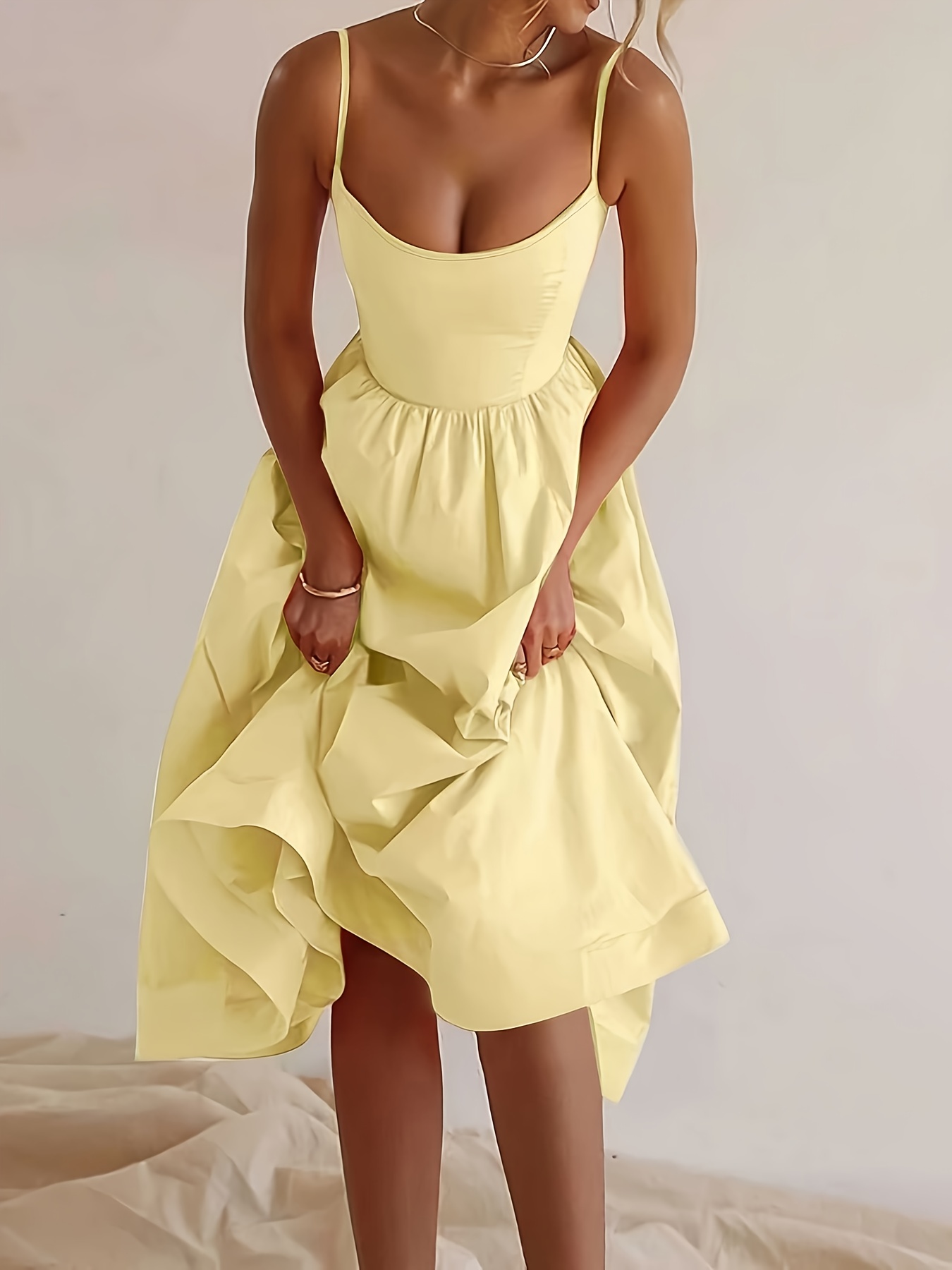 French Vintage Floral Midi Dress - Gaun Tali Chic Tanpa Lengan Warna