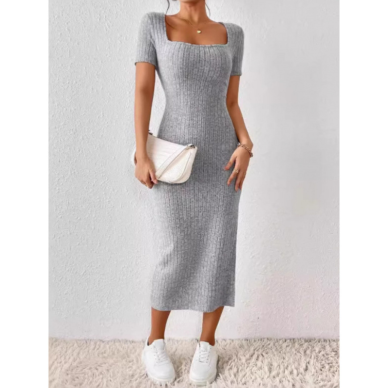 Bodycon Long Sleeve Ribbed Dress - Gaun Midi Rajut Rib Vintage untuk
