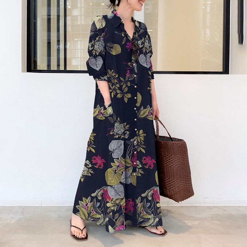Casual Loose Linen Shirt Dress - Gaun Katun dan Linen Kasual Ukuran