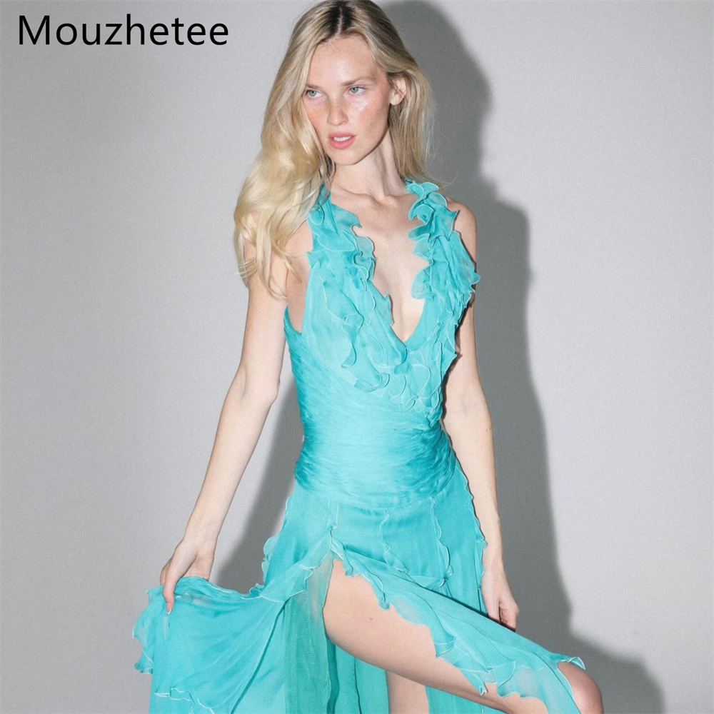 Elegant Satin Evening Gown Split - Mouzhetee Gaun Malam Sederhana A-Line V-Neck
