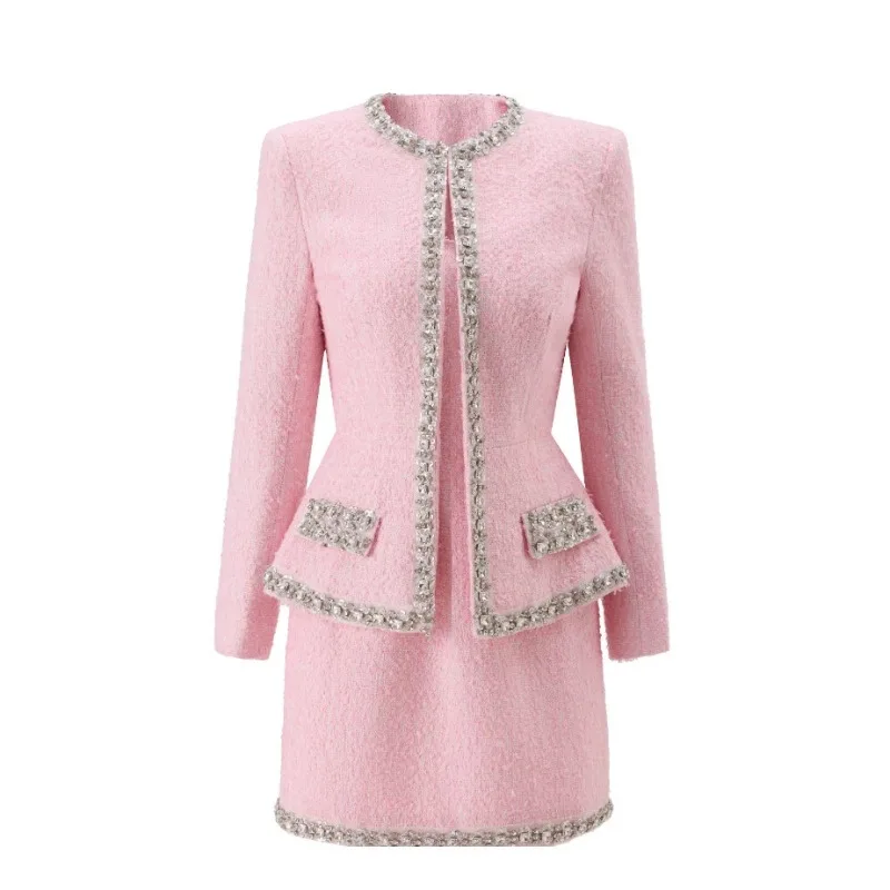 Tweed Two Piece Blazer Dress - Setelan Wanita Dua Potong Tweed Pink
