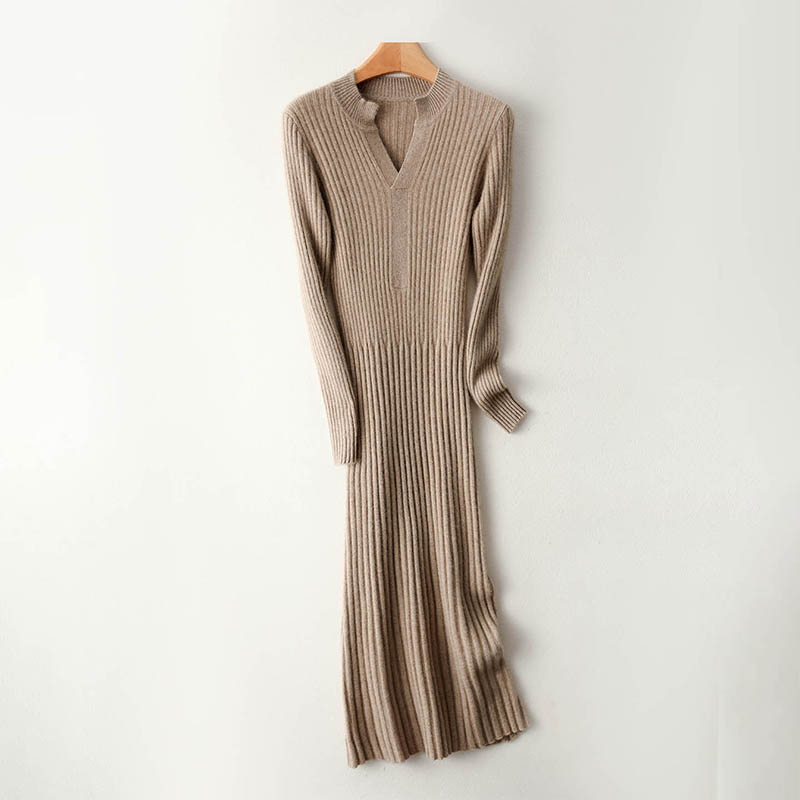 Bodycon Long Sleeve Ribbed Dress - Gaun Rajut Wanita Minimalis Bergaris 2025