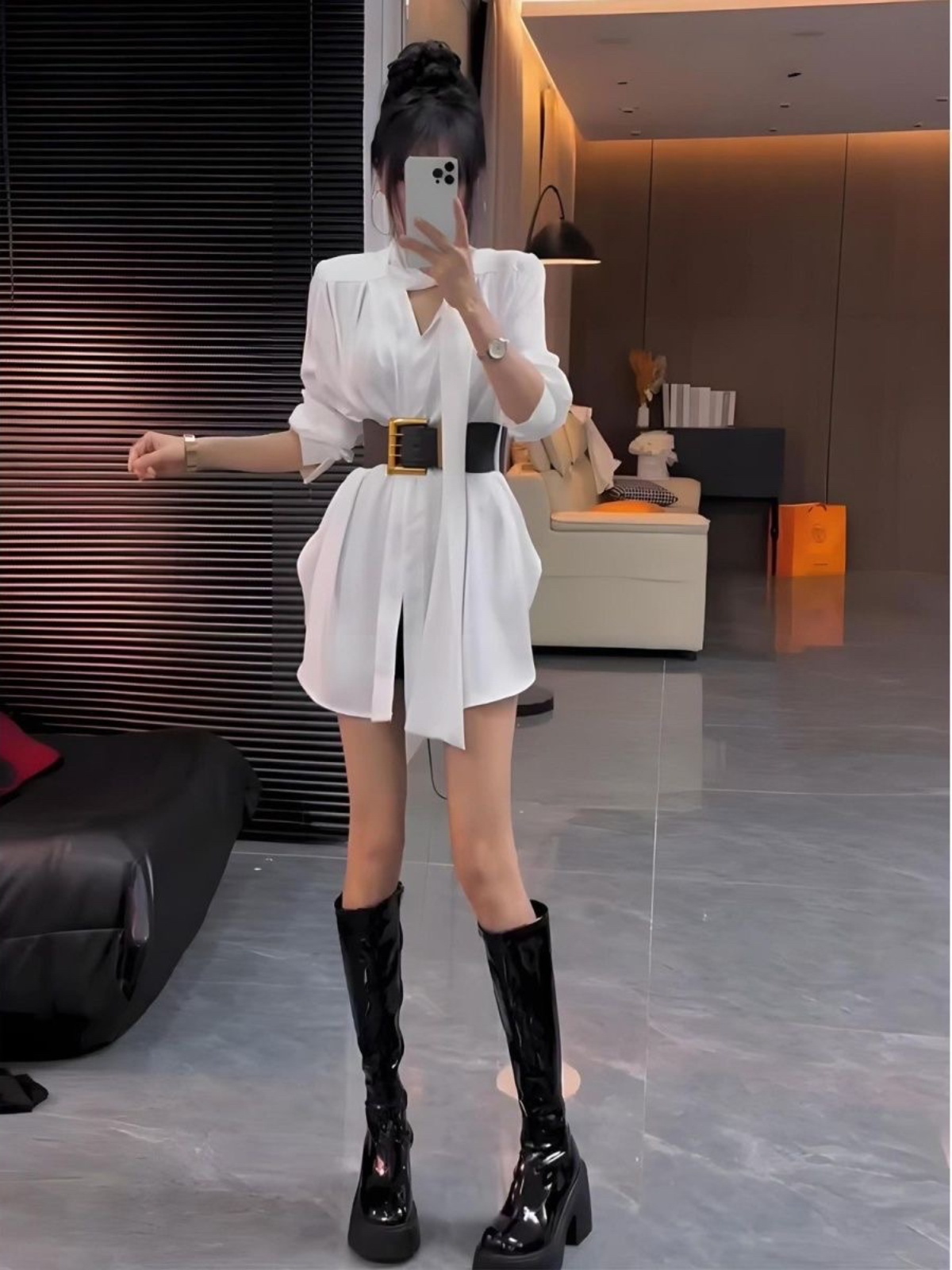 Korean Style A Line Shirt Dress - Gaun Kemeja Sutra Putih Wanita Musim