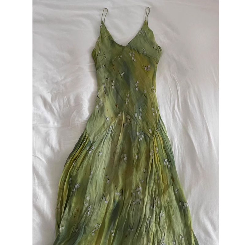 French Vintage Floral Midi Dress - Gaun Midi Tanpa Tali Berkerah V