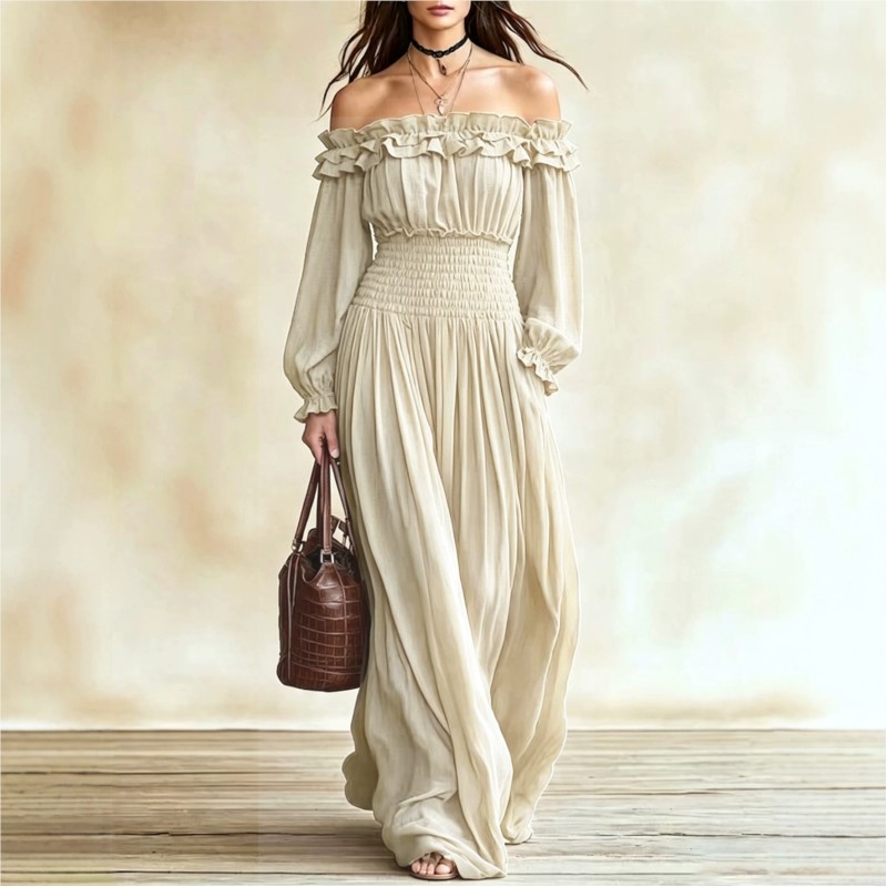Off Shoulder Puff Sleeve Sundress - Gaun Maxi Wanita Off-Shoulder Berumbai Lengan