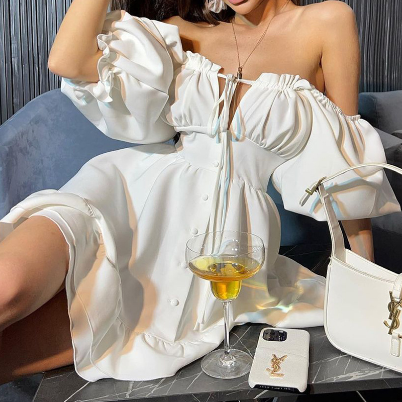 Off Shoulder Puff Sleeve Sundress - Gaun Mini Wanita Model Off Shoulder