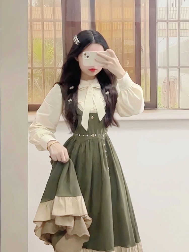 Korean Style A Line Shirt Dress - Gaun Tali Desain Lolita Preppy Kawaii