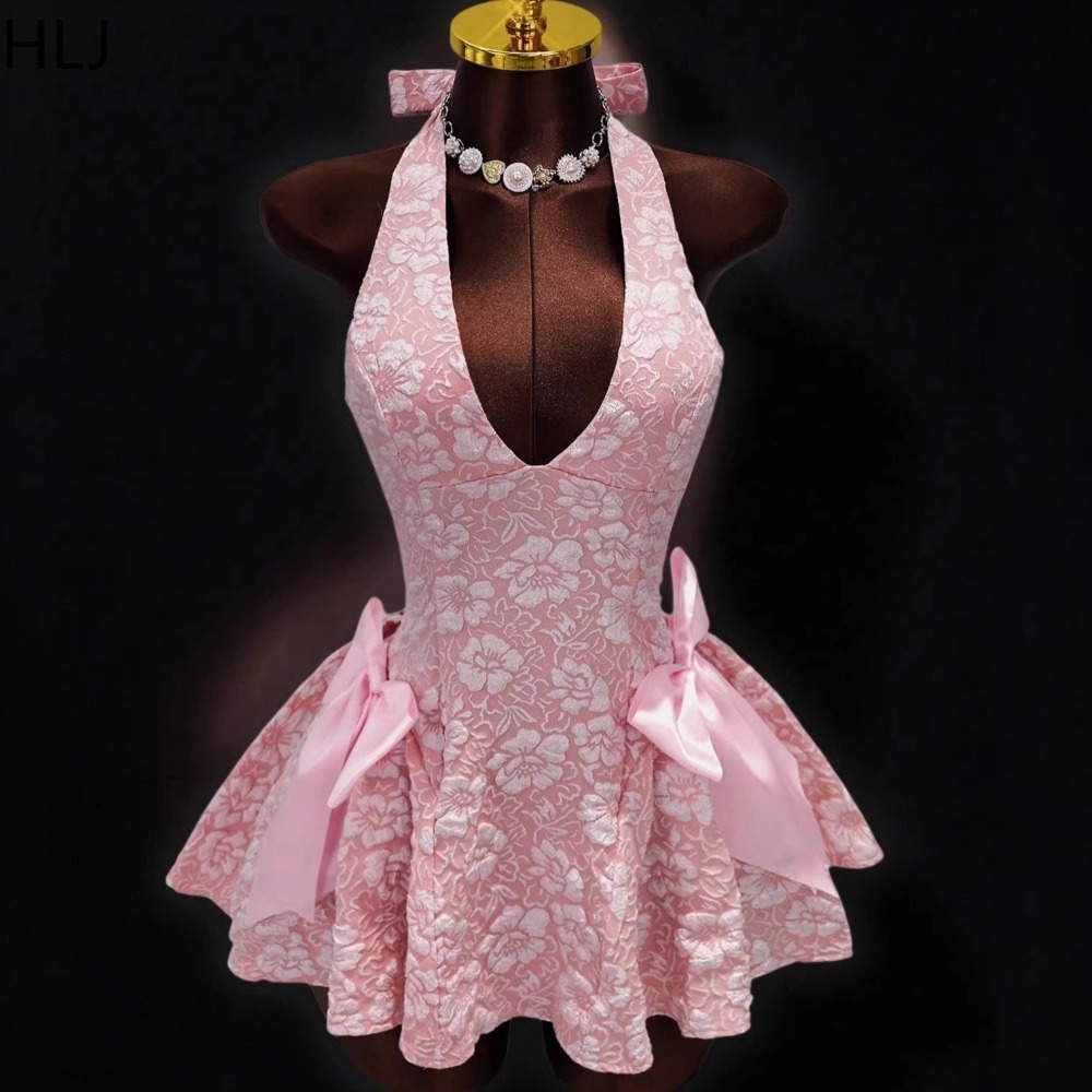 Y2K Backless Halter Mini Dress - HLJ Y2K Gaun Bodycon Jacquard Seksi