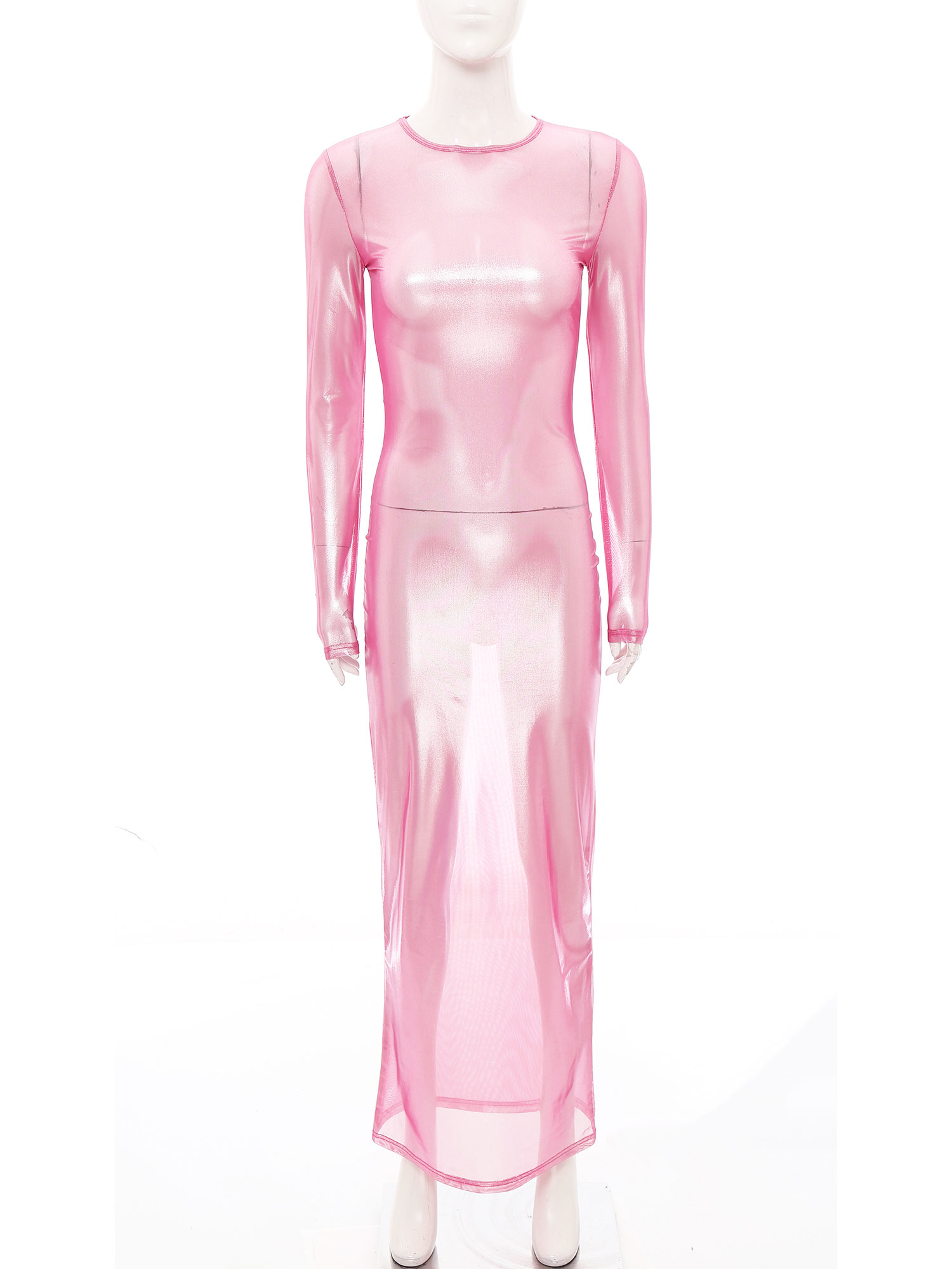 Sexy Mesh Sheer Bodycon Dress - Gaun Panjang Tipis Metalik Mengkilap Wanita
