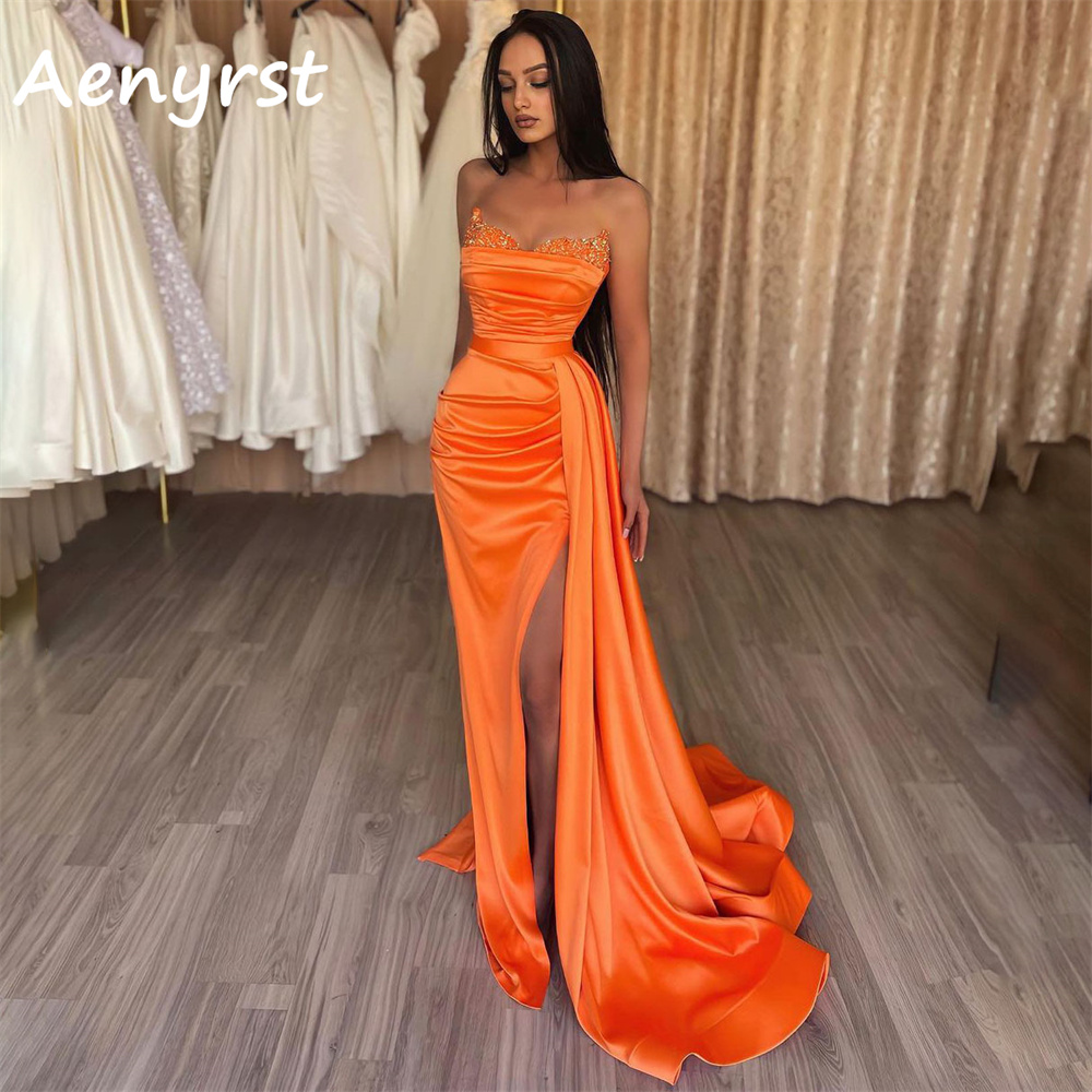 Elegant Satin Evening Gown Split - Gaun Malam Elegan Aenyrst Model Mermaid