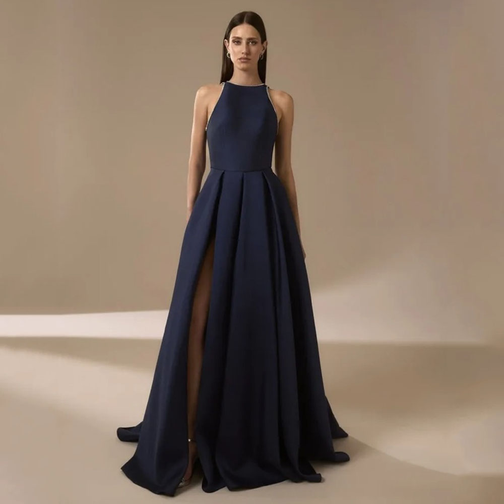 Elegant Satin Evening Gown Split - Gaun Malam Satin Biru Laut untuk