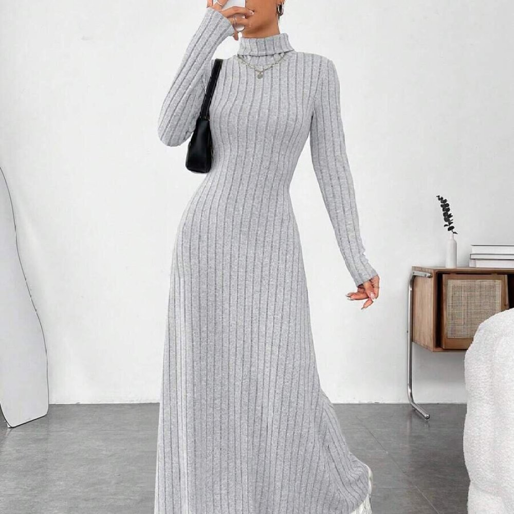 Gaun Wanita Elegan Musim Gugur - Bodycon Long Sleeve Ribbed Dress ulasan dan harga