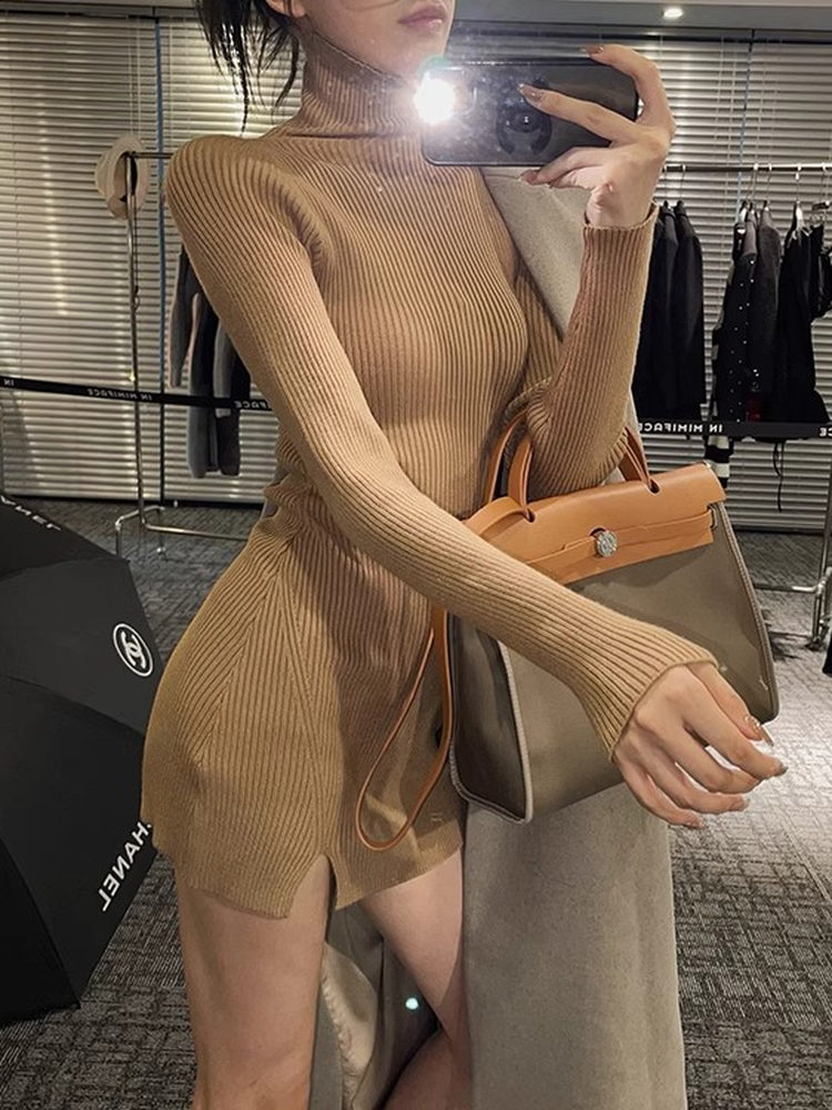 Gaun Mini Bodycon Wanita Rajut - Bodycon Long Sleeve Ribbed Dress ulasan dan harga