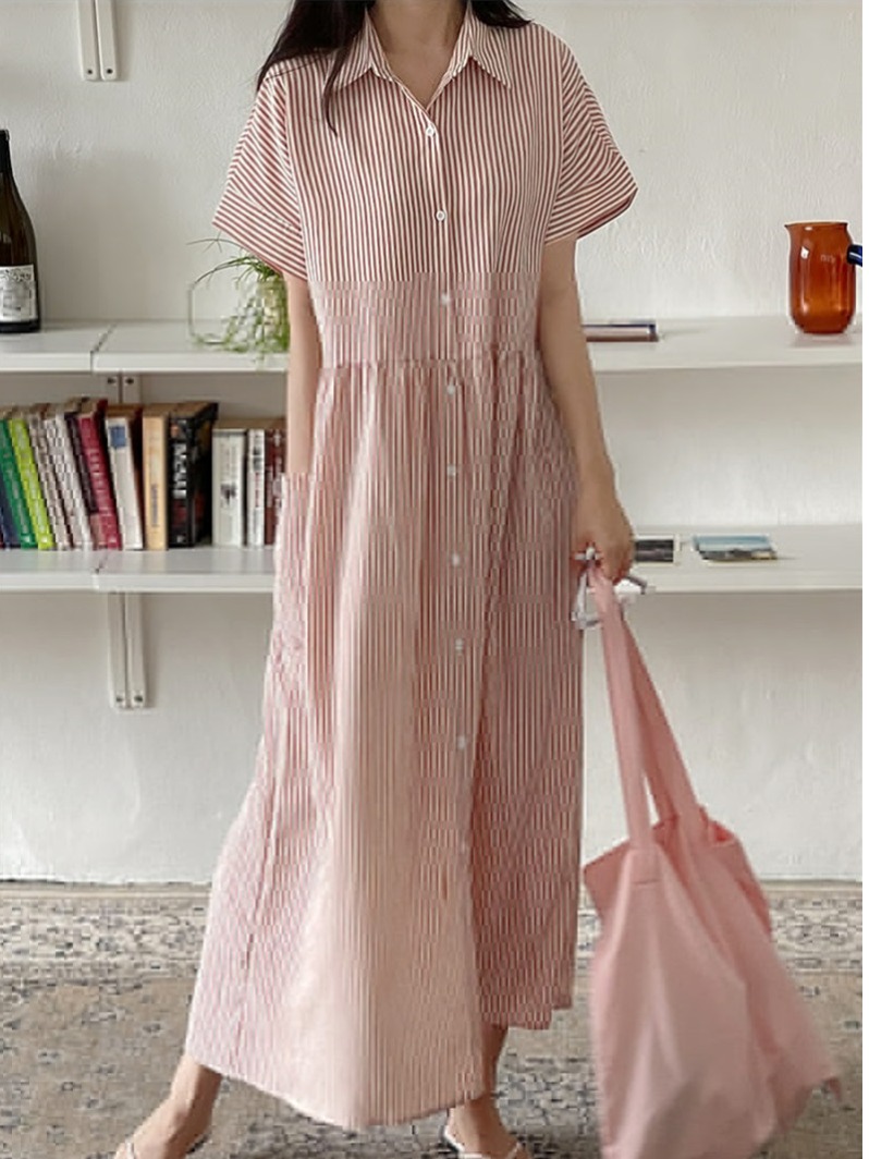 Gaun Kemeja Bergaris Gaya Kore - Casual Loose Linen Shirt Dress ulasan dan harga