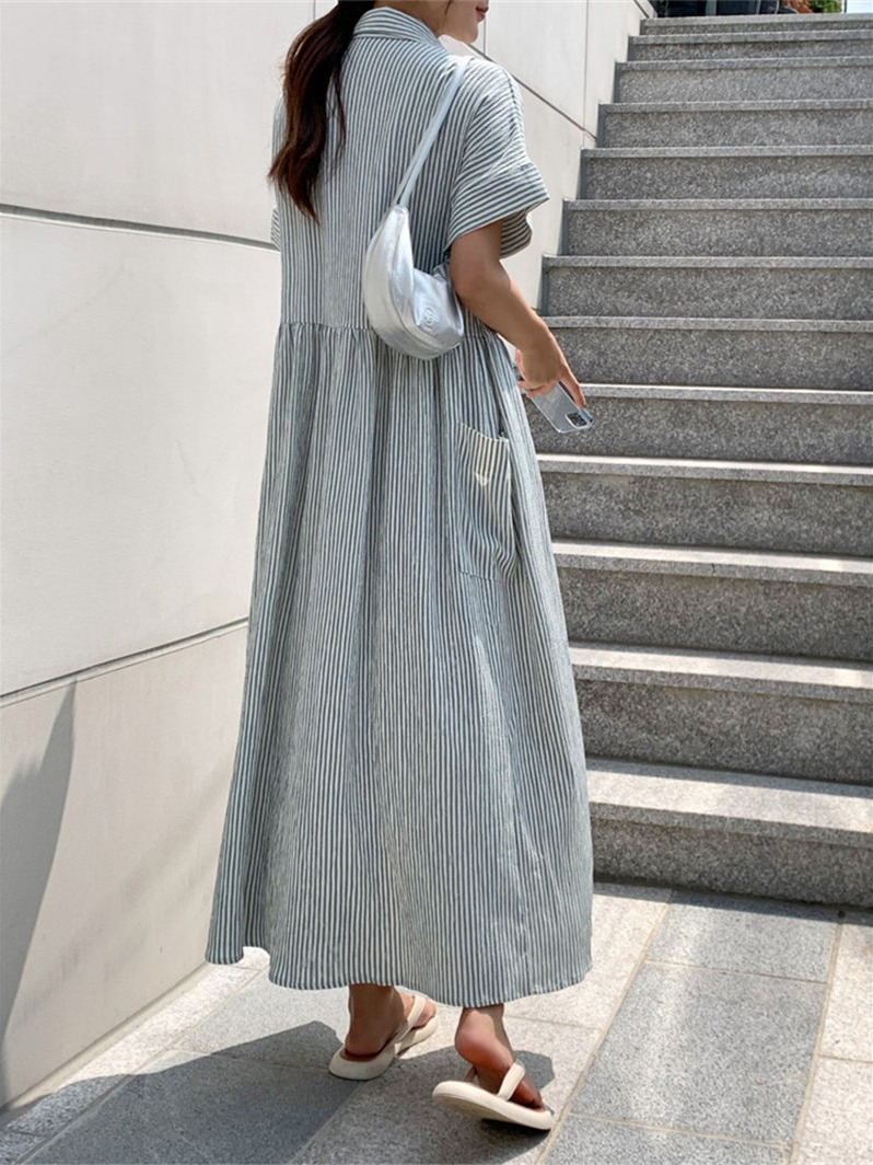Gaun Kemeja Bergaris Gaya Kore - Casual Loose Linen Shirt Dress ulasan dan harga