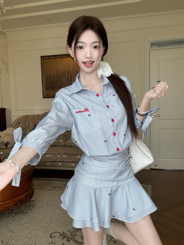 Gaun Kemeja Bergaris Kasual Ga - Korean Style A Line Shirt Dress ulasan dan harga