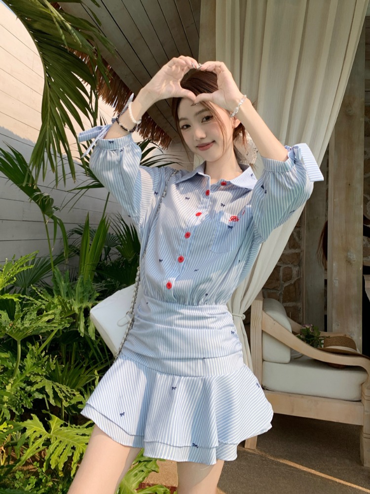 Gaun Kemeja Bergaris Kasual Ga - Korean Style A Line Shirt Dress ulasan dan harga