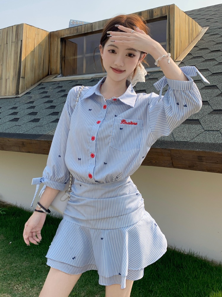 Gaun Kemeja Bergaris Kasual Ga - Korean Style A Line Shirt Dress ulasan dan harga