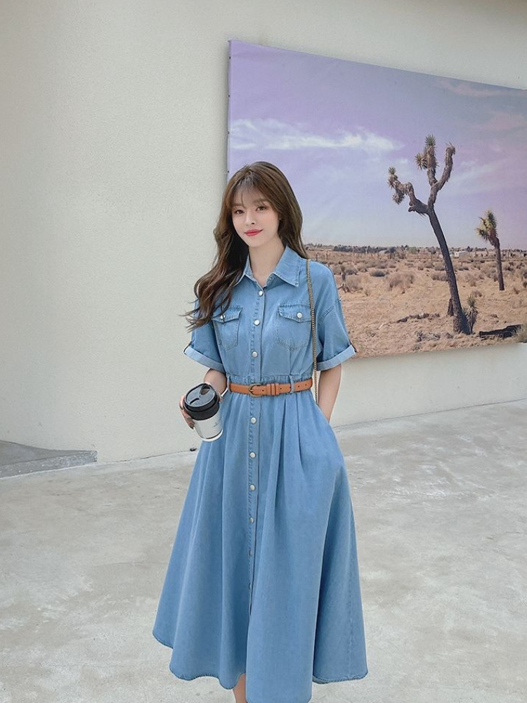 Gaun Denim Wanita 2026 Musim P - Korean Style A Line Shirt Dress ulasan dan harga