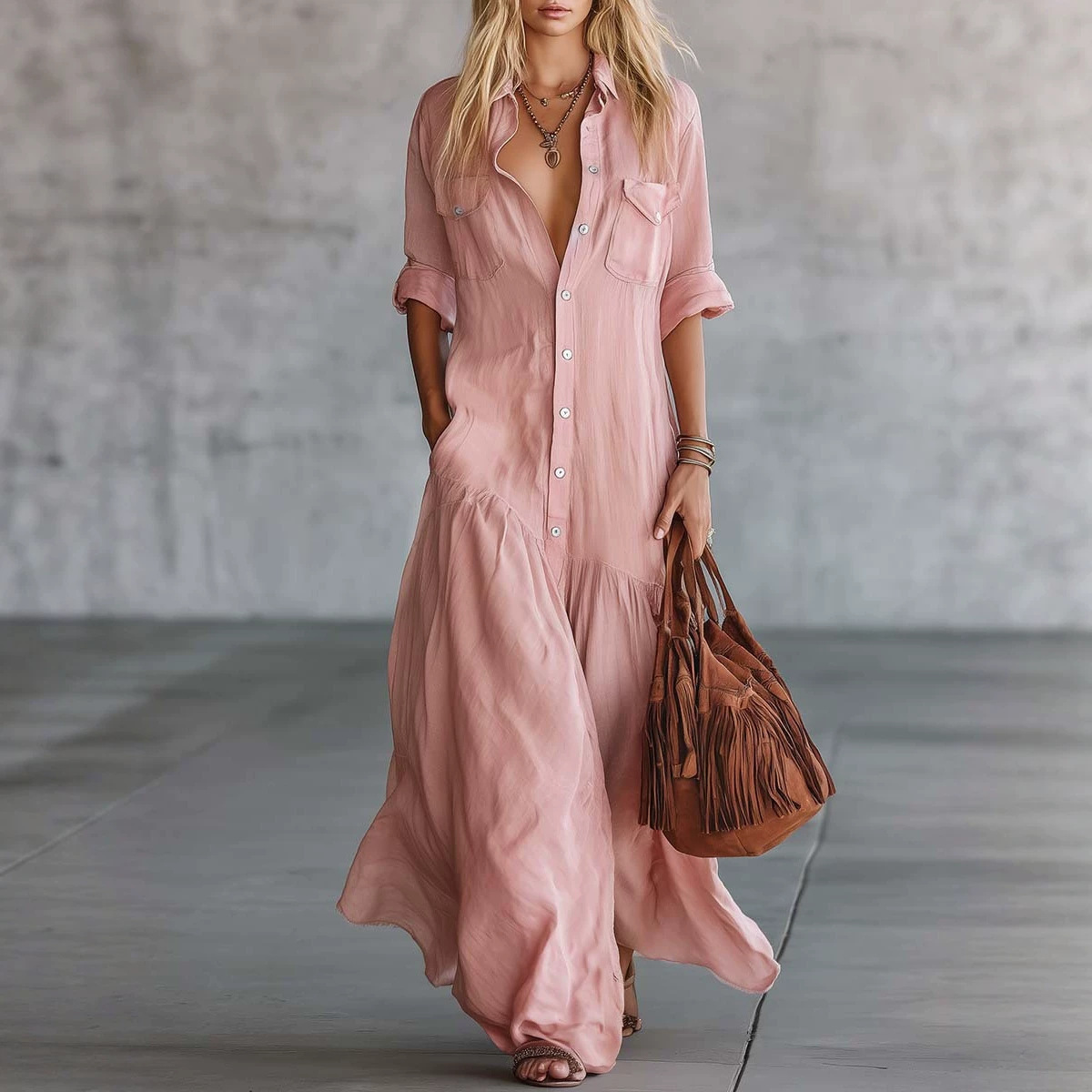 Gaun Kemeja Maxi Wanita Musim  - Casual Loose Linen Shirt Dress ulasan dan harga