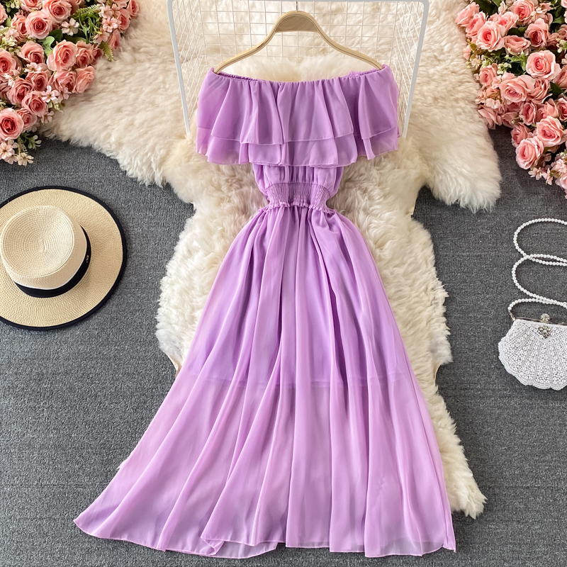 Gaun pantai wanita Solid kunin - Off Shoulder Puff Sleeve Sundress ulasan dan harga