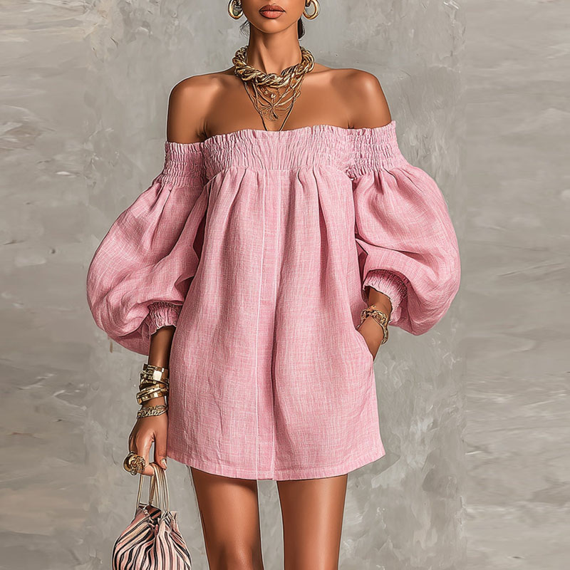 Gaun Wanita Polos Tanpa Tali B - Off Shoulder Puff Sleeve Sundress ulasan dan harga