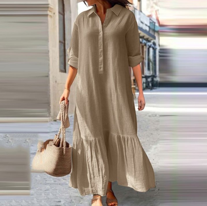 Gaun Kemeja Linen Wanita 2025  - Casual Loose Linen Shirt Dress ulasan dan harga