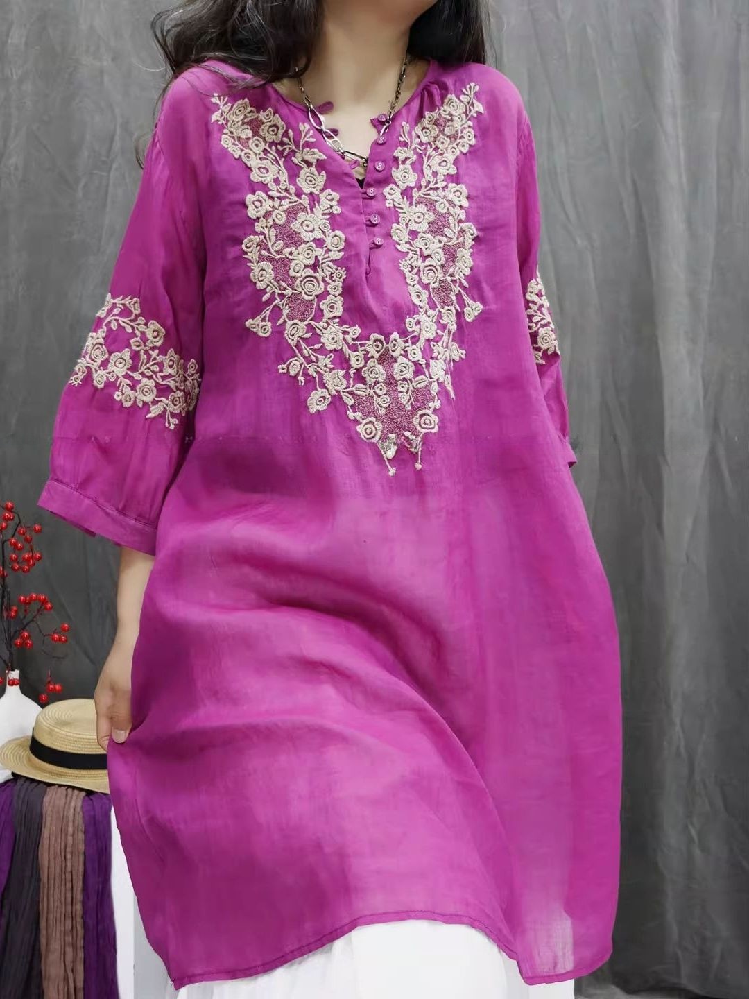 Atasan Bordir Katun Linen Retr - Casual Loose Linen Shirt Dress ulasan dan harga