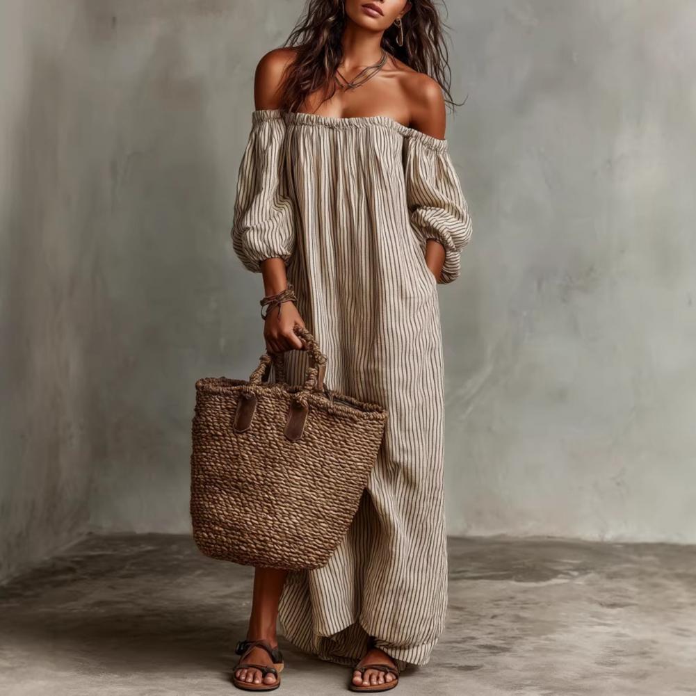 Gaun Maxi Wanita Musim Semi Mu - Off Shoulder Puff Sleeve Sundress ulasan dan harga
